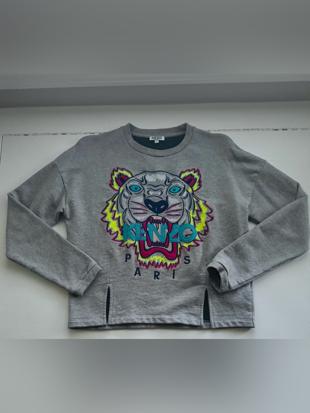 Kenzo Women’s Grey Sweatshirt with Neon Tiger Embroidery